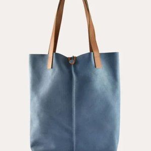 Kiko Leather Seabu Tote Bag Large Womens Blue Brown Double Handle Pocket Unlined